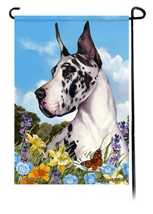 Summer Flowers Garden Flag - Cropped  Harlequin Great Dane - Picture 1 of 1