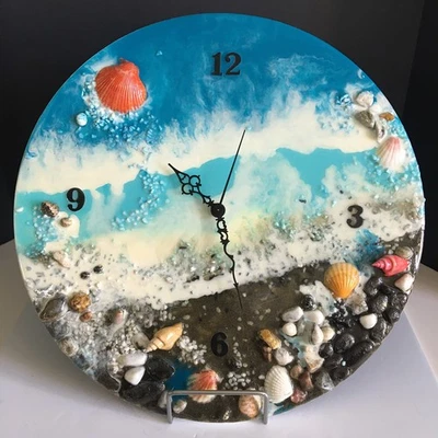 Resin 3D Ocean Beach Seashell Wall Clock Handmade 17" Diameter - Image 1 of 4