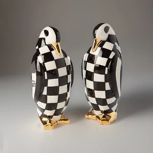 MACKENZIE CHILDS Checkmate Penguin Salt And Pepper Check Set New In Box - Picture 1 of 2