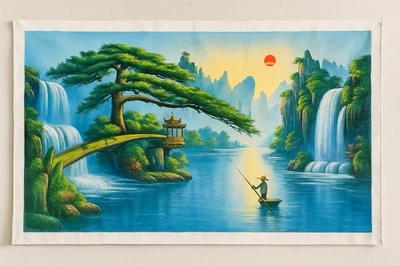 Vtg Chinese Hand Painted Landscape Waterfall Pagoda 48 X 27 Large Art Hanging - Image 1 of 4