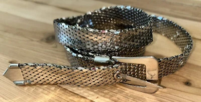 Cinturón de malla de cadena de metal flexible plateado delgado Oromesh vintage se adapta a 34-38 pulgadas👀 Foto 1 de 4