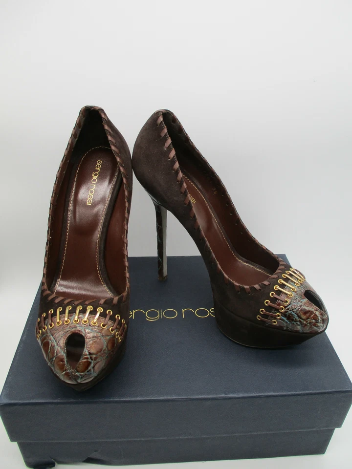 SERGIO ROSSI marrón gamuza Scarpe Donna tacón romo plataforma peep toe bomba talla 39 Foto 1 de 4