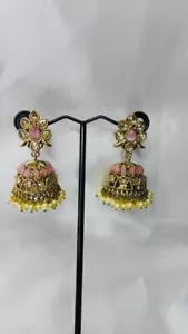 Bollywood Style Indian Pearl Jhumka Earrings Bridal Glass Kundan Jewelry Set - Picture 1 of 3