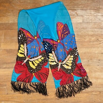 Bufanda de seda mariposa lentejuelas vintage años 90 oblonga colorida bufanda para el cuello con flecos Foto 1 de 4