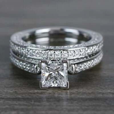 1.25Ct White Princess Cut Simulated Diamond Wedding Matching 925 Silver Ring Set - Image 1 of 4