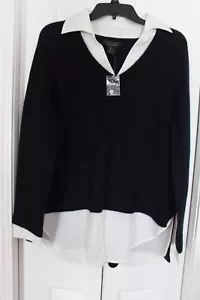 NUEVO TAHARI 100% 2 Capas Suéter Cachemira Azul Marino con Blusa Blanca Talla L - Imagen 1 de 3