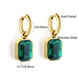 Damen Ohrringe Gold Creole 18 K vergoldet Edelstahl Dropohrringe Grünes Zirkonia - Bild 1 von 4