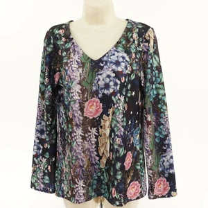 Sheilay Womens V-Neck Shirt M Medium Wildflowers Night Sky Stars Artsy Navy Blue - Picture 1 of 8