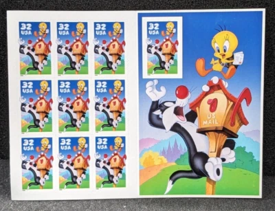 NEW 1997 U.S. Sylvestor and Tweety Pane of 10 (Sheet) $0.32 Stamps Looney Toons - Image 1 of 2