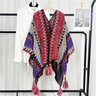 Women Ethnic Cloak Cape Knit Poncho Wrap Shawl V-Neck Tassel Rainbow Cardigan