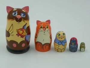 Russian Nesting Dolls Wooden Handmade Matryoshka -Cats Kids Toys - Picture 1 of 4