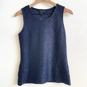 St. John Navy Blue Mini Sequin Knit Wool Blend Sleeveless Blouse Women's XS NWT - Picture 1 of 5