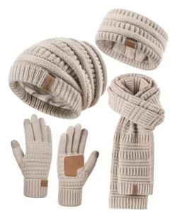Womens Winter Beanie Hat Scarf Gloves Headband Set, Slouchy Beanie Ear Oatmeal - Picture 1 of 8