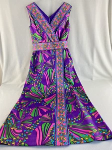 Vintage 70s Faux Wrap Maxi Dress With Belt Purple Mod Floral Sleeveless 36" Bust - Picture 1 of 12