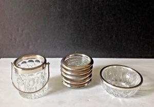 Lot 7 VTG Italy Crystal Cut Ice Bucket, 5 Coasters & Bowl w/Silver-plated Rims - Picture 1 of 11