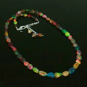 AAA+ Natural Ethiopian Black Opal Necklace Fire Opal Gemstone Necklace 16 inches - Picture 1 of 3