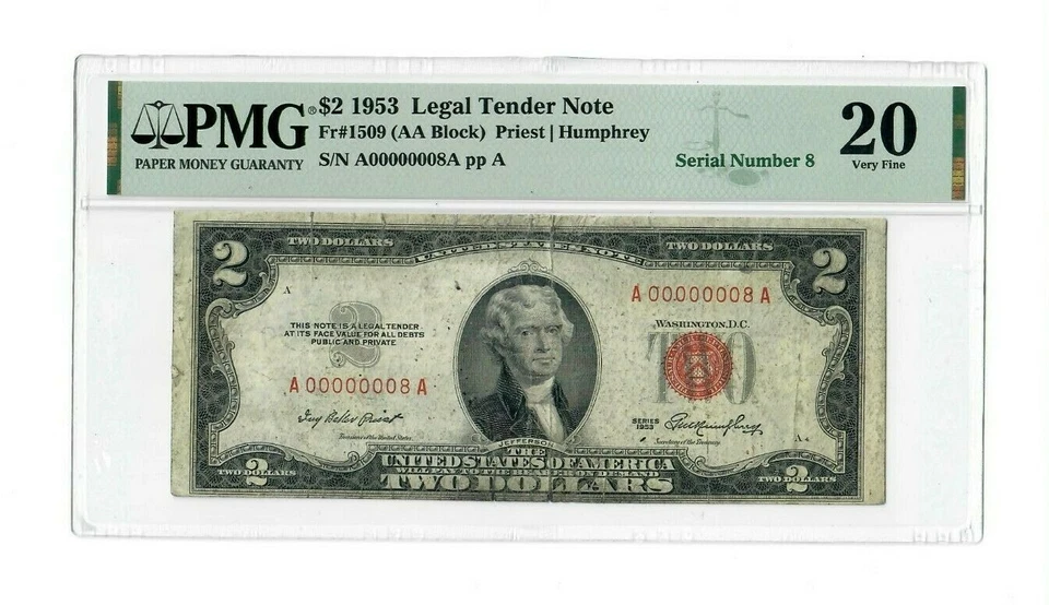 $2 LEGAL TENDER NOTE 1953  # A00000008A  PMG-20  #8 LUCKY FANCY LOW S/N 00000008 - Image 1 of 2