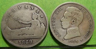 Very scarce, Lot of 2 Coins , 1 Peseta, 1869 (ESPAÑA) & 1905 Stars 19-05, Silver - Image 1 of 2
