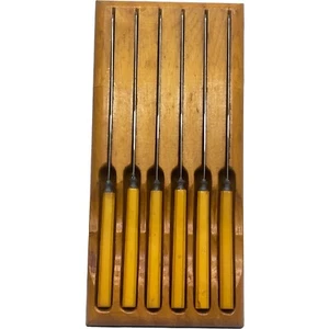 Vintage Butterscotch Bakelite Handle Stainless 6 Table Knives Set W/Wood Case - Picture 1 of 10