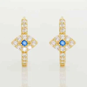 14K Real Solid Gold CZ Evil Eye Hoop Earring Hinged Huggie Hoop clicker Jewelry - Picture 1 of 6