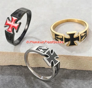 Men's Stainless Steel Gothic Punk Biker Black Red Cross Finger Ring 7-11# J522 - Picture 1 of 8