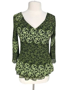 PIAND Floral Green Chiffon Plated Basic Tunic Blouse V-Neck Women Size L 3/4 SLV - Picture 1 of 6
