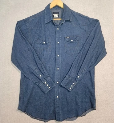 Wrangler Denim Shirt Mens XLT Blue Pearl Snap Rodeo Cowboy Western Long Sleeve - Image 1 of 4