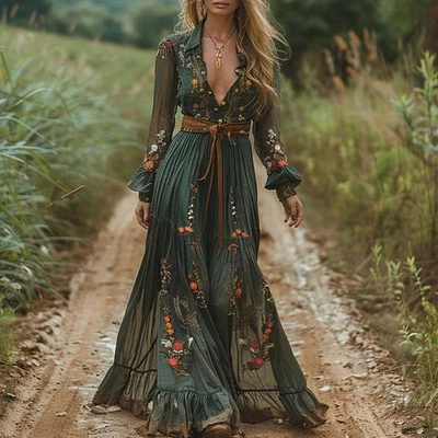 Moda Otoño Maxi Vestido Para Mujer Bohemio Retro Estampado Floral Manga Transparente Largo  Foto 1 de 3