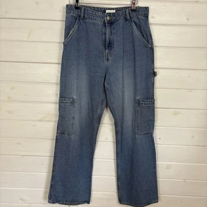 H&M Jeans Womens Size UK 14 Blue Wide Leg Cargo Utility Chore Contemporary Denim - Picture 1 of 11