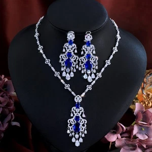 Classy CZ Long Chandelier Blue Dangle Drop Earrings Wedding Necklace Jewelry Set - Picture 1 of 8