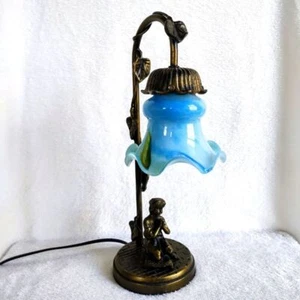 Praying Girl Table Lamp Art Nouveau Glass Shade Vine Leaves Blue 15 inches tall - Picture 1 of 16