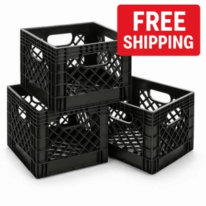 3x 16QT Heavy-Duty Milk Crates Black Plastic Storage Bins for Garage or Utility - Picture 1 of 13