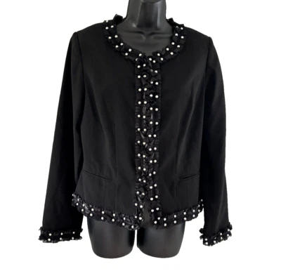 Newport News Black Boxy Blazer with Lace Ruffle Pearl Detailing Size 10 - Image 1 of 4