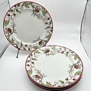 Pottery Barn FOREST GNOME Pinecone Stoneware DINNER Plates Holiday Set of 4 NIB - Picture 1 of 13