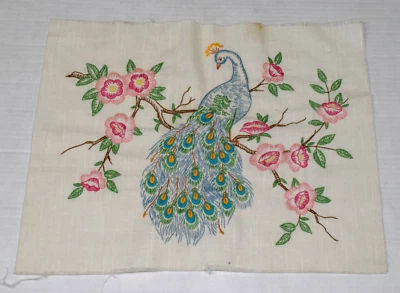 Vintage Linen Wall Tapestry 60s Colorful Embroidered Peacock 17 X 13.5 Inches - Image 1 of 4