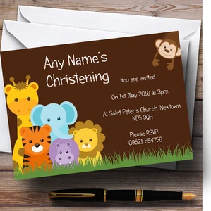 Brown Cute Jungle Animals Christening Party Personalised Invitations - Picture 1 of 1