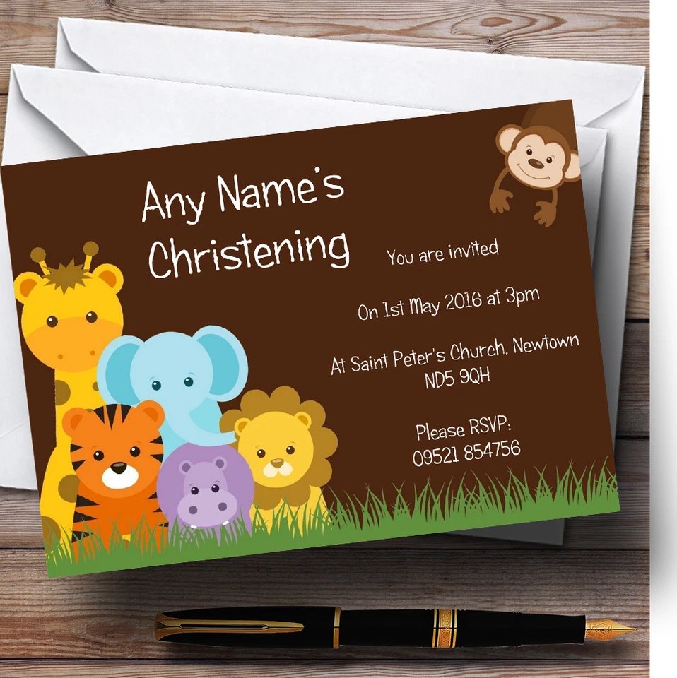 Brown Cute Jungle Animals Christening Party Personalised Invitations - Image 1 of 1