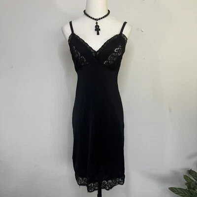 Vtg KAYSER Black Lace Full Slip Dress Babydoll Sweetheart Fairy Goth Indie 34 S - Image 1 of 4
