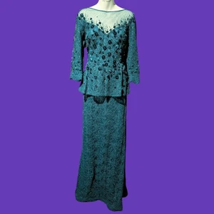 Rickie Freeman Teri Jon Gown Sz 8 Formal Peplum Lace Flower Dress Teal Green Cl - Picture 1 of 14