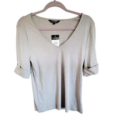 Lauren Ralph Lauren L Top Knit Short Cuff Sleeves Pullover V-Neck Gray NWT - Image 1 of 4