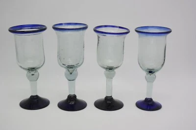 4 Cobalt Blue FLARED Rim & base Hand Blown MEXICAN Glass Wine GOBLETS 8.5" Tall — 第 1/4 张图片