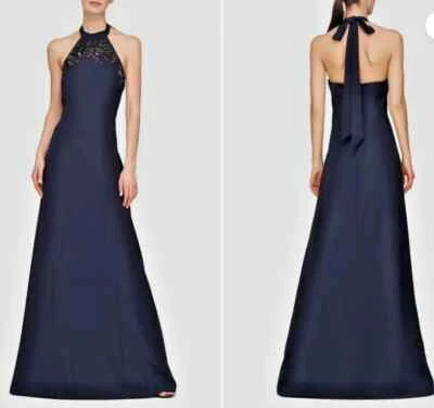 Vestido Halter Kay Unger Francés Azul Marino Josephina Con Cuentas Bordado Talla 8 $398 Foto 1 de 4