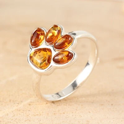 PAW PRINT HONEY BALTIC AMBER STERLING SILVER RING - Image 1 of 4