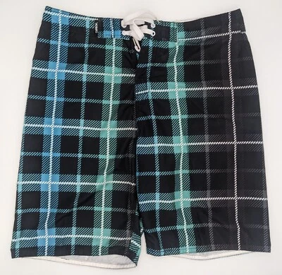 Carbon Board Shorts Mens Size 36 Black Turquoise White Plaid Checks Surf Swim - Image 1 of 4