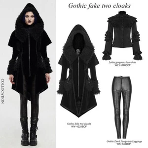 Punk Rave Goth Women Fake Two Cloaks Coat Black Burrs Velvet Hooded Long Jacket - Bild 1 von 20