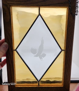 Stained Glass Eagle Leaded Etched Window Hanging Bird Totem Yellow Frame Vintage - Picture 1 of 3