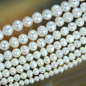 5-6mm-13-14mm Natural Cultured Freshwater White Pearl Round Loos Beads 15'' - Picture 1 of 13