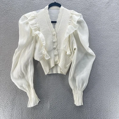 Suéter J.ING Mujer Talla F Blanco Volantes Manga Abullonada Mezcla Media Tejido Coqueta Foto 1 de 4