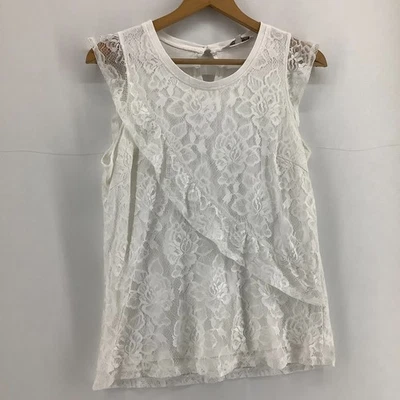 Peacocks White Floral Lace Top UK 12 Sleeveless Ruffle Keyhole Blouse - Image 1 of 4