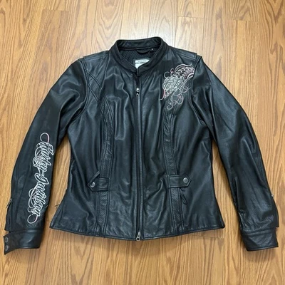 Chaqueta para mujer Harley Davidson negra y rosa talla XL bordada con diamantes de imitación Foto 1 de 4